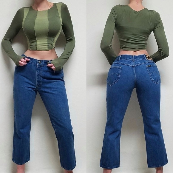 VINTAGE 70s Lee Union Made High Waisted Cropped Flare Cotton Husky Denim Jeans - Picture 1 of 14